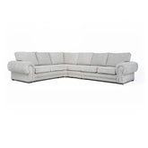 A large grey Verona full back corner sofa with soft polyester upholstery, foam-filled cushions, and chrome feet, arranged in a left-hand corner configuration.