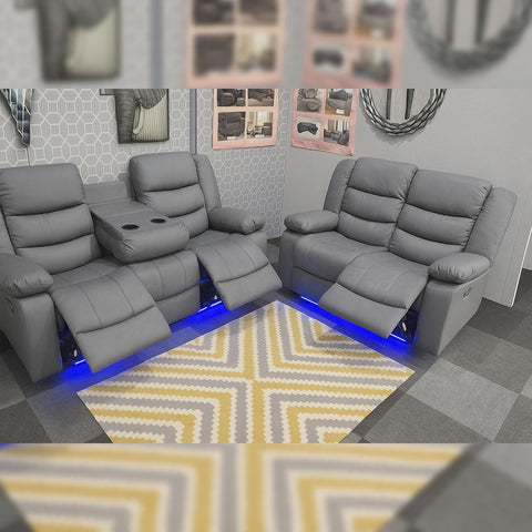 Roma Leather Electric Recliner Sofa with Cupholders - 3+2 Seater Sofa - Black , Grey(3+2 Seater)