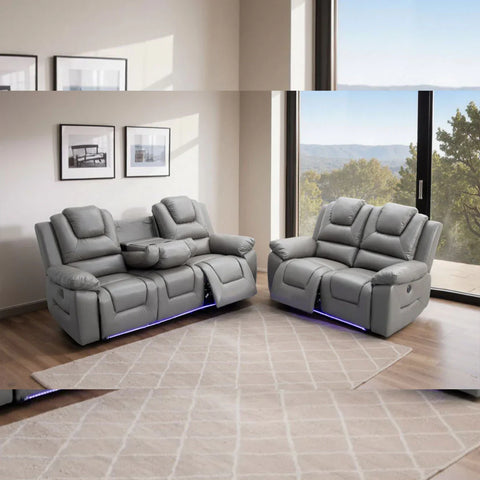 Oxford Leather Electric Recliner 3+2 Sofa with Cupholders, USB Charging Ports, LED Lights – Leather Corner Sofa
