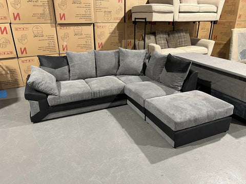 Amazing Sofas NEW LARGE DINO CORNER SOFA JUMBO CORD GREY BLACK OR BEIGE BROWN LEFT OR RIGHT(Grey Black right). Fire resistant as per British Standards, foam filled seats for comfort.
