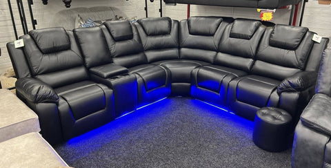 MNS Oxford Leather Electric Recliner Corner Sofa with Cupholders, USB Charging Ports, LED Lights – Leather Corner Sofa