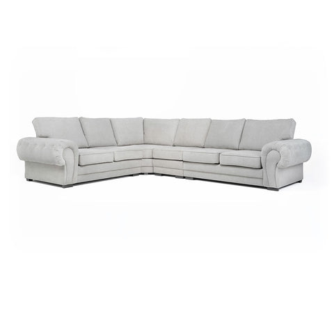 A large grey Verona full back corner sofa with soft polyester upholstery, foam-filled cushions, and chrome feet, arranged in a left-hand corner configuration.