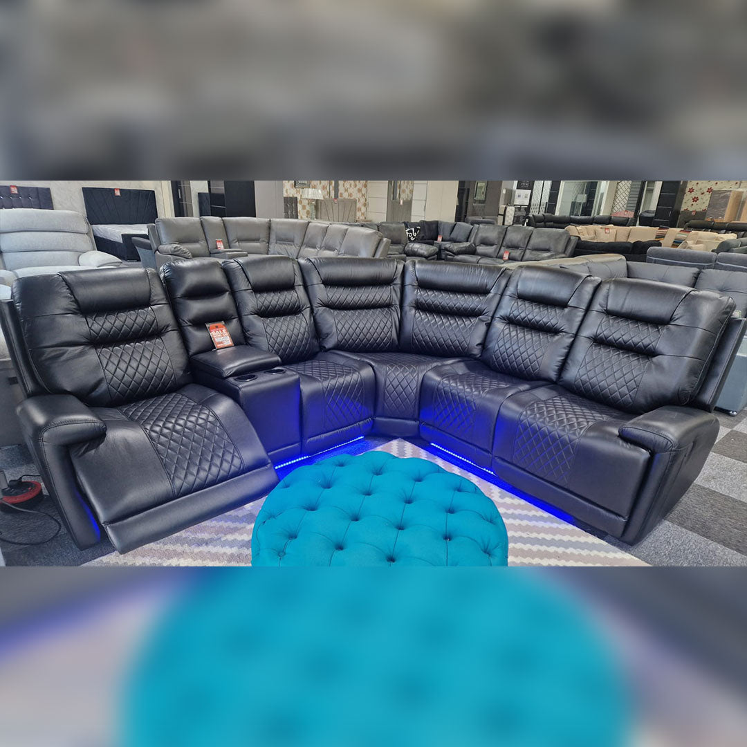 MNS Halifax Leather Electric Recliner Corner Sofa(Black,Beige)-USB Ports/LED LIGHTS/CUP HOLDERS