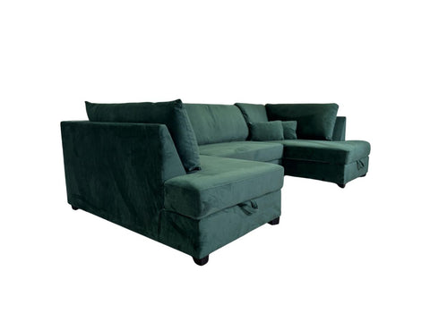 Meri U Shape Sofa Bed with Storage Emerald Green Plush Velvet