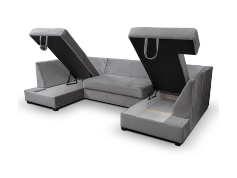 Meri U Shape Sofa Bed with Storage Steel Grey Plush Velvet