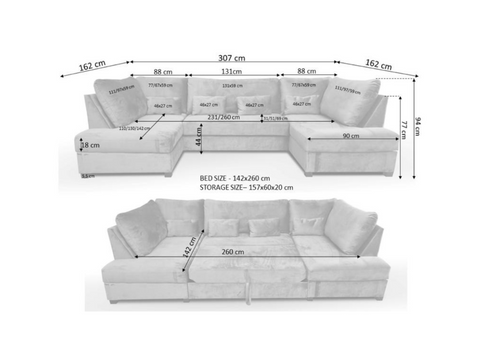 Meri U Shape Sofa Bed with Storage Steel Grey Plush Velvet