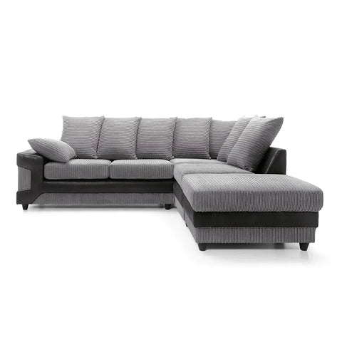 Amazing Sofas NEW LARGE DINO CORNER SOFA JUMBO CORD GREY BLACK OR BEIGE BROWN LEFT OR RIGHT(Grey Black right). Fire resistant as per British Standards, foam filled seats for comfort.