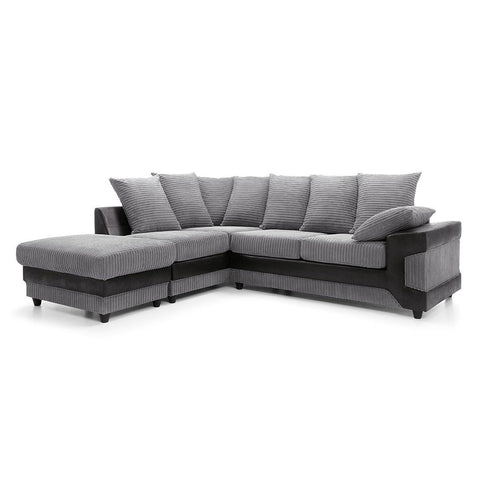 Amazing Sofas NEW LARGE DINO CORNER SOFA JUMBO CORD GREY BLACK OR BEIGE BROWN LEFT OR RIGHT(Grey Black right). Fire resistant as per British Standards, foam filled seats for comfort.