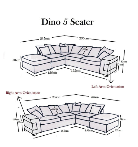 DINO Crush Velvet Single Arm 5 Seater Left Right Hand Corner Sofa